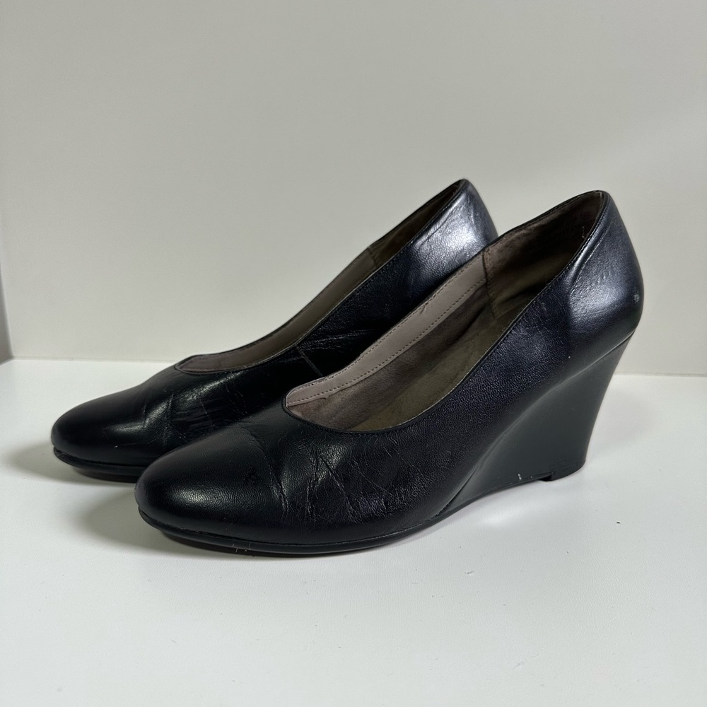 Aerosoles Partnership Heel Rest Wedge Leather Shoes Black Size 9